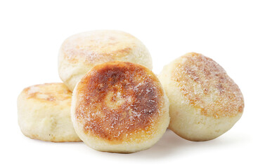 Frozen cheese pancake on a white background, semi-finished product. Isolated