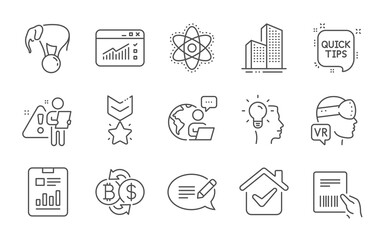Idea, Bitcoin exchange and Report document line icons set. Parcel invoice, Web traffic and Message signs. Augmented reality, Skyscraper buildings and Chemistry atom symbols. Line icons set. Vector