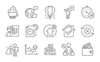 Debit card, Cappuccino cream and Reject refresh line icons set. Project deadline, Buildings and Job interview signs. Loan percent, Air balloon and Quarantine symbols. Line icons set. Vector