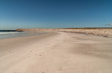 Volunteer Beach, Falkland Islands, UK - December 15, 2008: Long shot along the empty beige-white beach under blue sky. Small stroke of white surf.