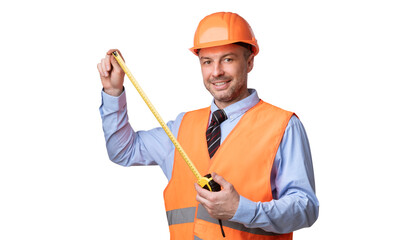 Builder Worker Holding Measuring Tape Tool Posing Over White Background