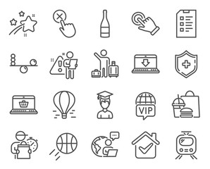 Business icons set. Included icon as Touchscreen gesture, Online shopping, Student signs. Balance, Airport transfer, Basketball symbols. Checklist, Medical shield, Internet downloading. Vector