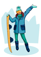 Snowboard girl illustration. Hand drawn vector doodle of a happy girl standing with her yellow board on white background with mountains silhouette.