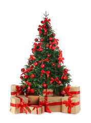 Beautifully decorated Christmas tree and gifts on white background