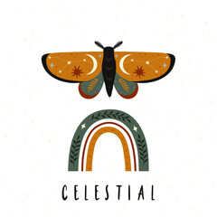 Celestial set with moth and modern rainbow. Neutral nursery room decor, poster, card design. Vector celestial magic set