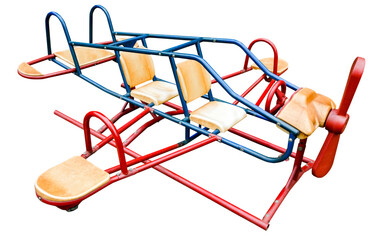 Isolated red and blue vintage metal playground airplane.