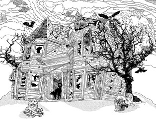 Halloween style haunted house detailed black and white