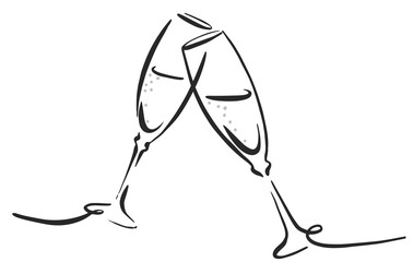 Champagne cheers sketch hand drawn. Engraving style Vector illustration line art