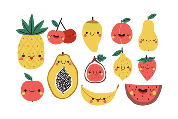 Set of different cute fruits with funny faces on white background. Vector set of cartoon fruits for stickers, posters, cards, invitations and nursery room decor. 