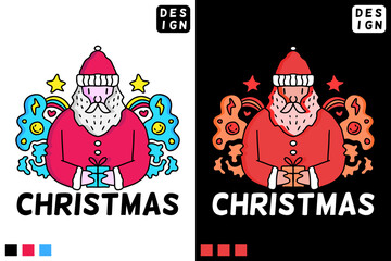 Cute santa character holding gift boxes. Hand drawn holiday illustration in cartoon, doodle style for New Year and Christmas