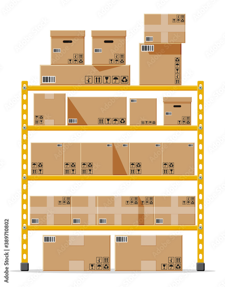 Poster metallic shelves with carton brown boxes. goods and container package. pile cardboard boxes set. del