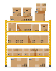 Metallic shelves with carton brown boxes. Goods and container package. Pile cardboard boxes set. Delivery packaging open and closed box with fragile signs. Vector illustration in flat style