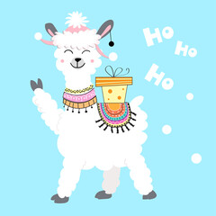 Christmas card with a llama and a gift on a blue background. Vector illustration