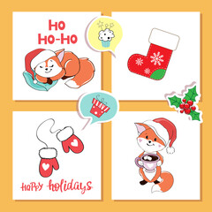 Collection of christmas card of funny foxes in santa claus hat on white background