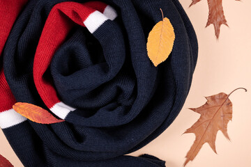 Scarf with leaves on beige background, flat lay photo.