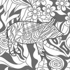 Obraz na płótnie Canvas Abstract patterned pig. Hand drawn ornaments. Black and white illustration