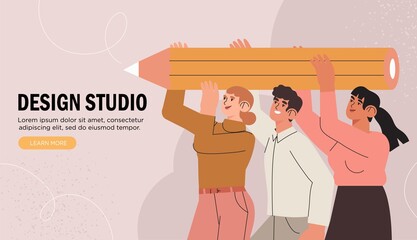Group or team of creative business people or designers hold big pencil. Creative banner, advertisement, web page, poster for web or ui design studio or digital painting or educational courses.