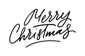 Merry Christmas hand drawn lettering phrase. Black letters isolated on white background. Minimalistic greeting qoute for invitation, poster, postcard, banner, social media advertising, stickers and