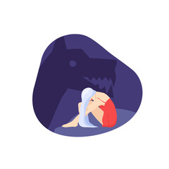 Vector picture of a young sad woman.  A ghost of angry dog on the background. Concept of fear, depression, oppression, restriction, abuse, despair