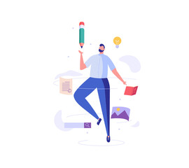 Successful man fly with a pencil writing or editing a text. Concept of copywriting, journalism, writing, copyright idea, blogging, smm. Vector illustration in flat design.