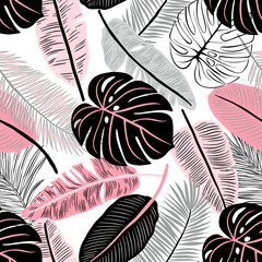 Fashionable seamless tropical pattern with bright plants and leaves on a delicate background. Beautiful exotic plants. Colorful stylish floral. - 389713050