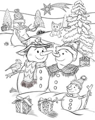 Snowmen family in a snowy forest at Christmas