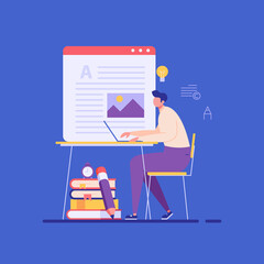 Successful man sitting with laptop, writing or editing a text. Concept of copywriting, journalism, writing, copyright idea, blogging, smm, management. Vector illustration in flat design.