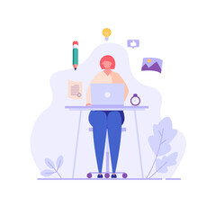 Fototapeta premium Successful woman sitting with laptop, writing or editing a text. Concept of copywriting, journalism, writing, copyright idea, blogging, smm, management. Vector illustration in flat design.