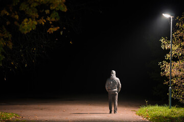 Young adult alone man in warm clothes standing on road under lamp light in autumn night. Back view....