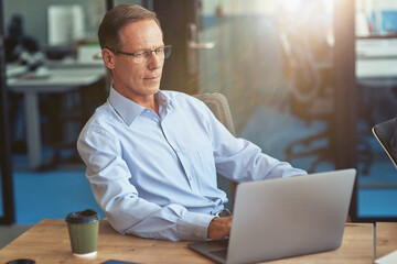 Fototapeta na wymiar Focused mature businessman in blue shirt using laptop while working in the modern office
