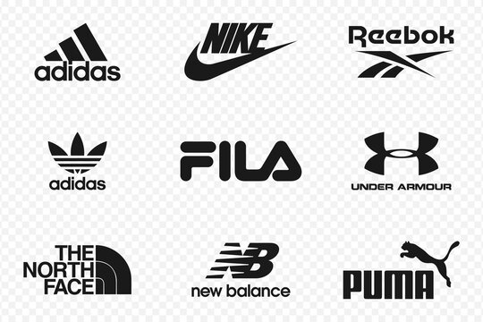 Top clothing brands logos. Set of most popular logo - NIKE, Adidas, Reebok,  Puma, New Balance, Under Armour, FILA, The North Face. Editorial vector  illustration. Stock Vector | Adobe Stock