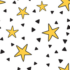 Stars and triangles doodles seamless pattern. Background texture.