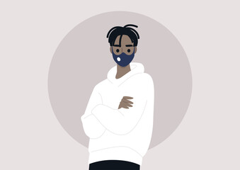 A young male Black character wearing a mask, a pandemic protection, flat vector illustration