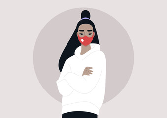 A young female Asian character wearing a mask, a pandemic protection, flat vector illustration
