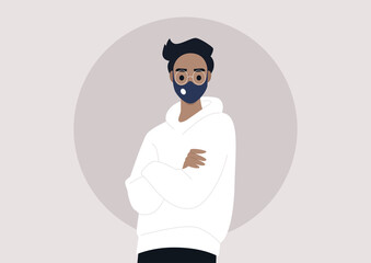 A young male character wearing a mask, a pandemic protection, flat vector illustration