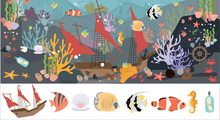A set of flat sea animals. Marine life, animals, plants, sunken objects, ship, anchor, calligraphy. Designer set of cartoon vector illustrations on a white background. Design for books, web, children