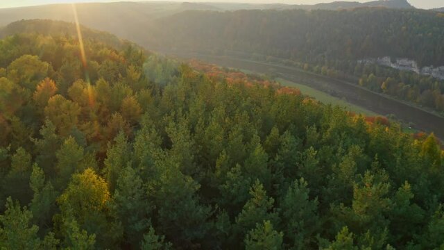 aerial flight over colorful trees and river Elbe in Saxon Switzerland, Germany