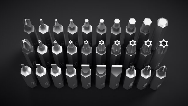 Different interchangeable screwdriver bits.
