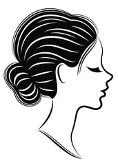 Silhouette of a profile of a sweet lady's head. The girl shows a female hairstyle on medium and long hair. Suitable for logo, advertising. Vector illustration.
