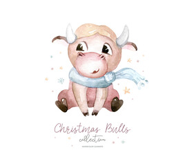 Watercolor cartoon illustration. Symbol of the year 2021. Funny and cute Bull. Christmas illustration.