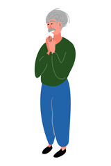 Smiling grandfather with mustache is standing with his hands together. Friendly cartoon flat old person male character. Happy pension lifestyle. Stock vector illustration on white isolated background.
