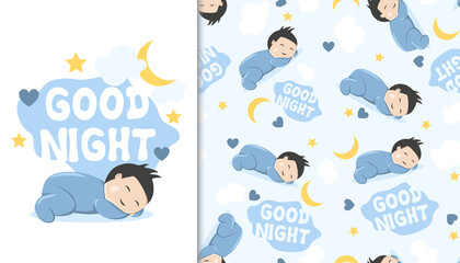 Seamless pattern with sleeping cute baby boy and 