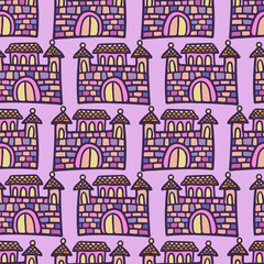 Fototapeta premium Seamless vector colorful illustration pattern design of silhouette of medieval cartoon castle