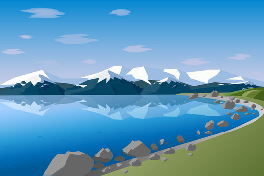 Natural scenery. Sea coast against the background of mountains and rocks. Vector illustration, flat style