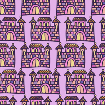 Seamless vector colorful illustration pattern design of silhouette of medieval cartoon castle