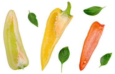Slices of bell pepper isolated on white background, top view