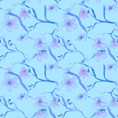 Blossom Cherry Art. Seamless Apple Textile. Blue 