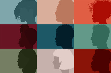 Collage community society diversity multiethnic people. Group side silhouette men and women of diverse culture and different countries. Racial equality. Harmony  friendship integration