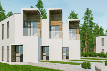 3d rendering of modern light townhouse cozy small house for sale or rent with many grass on lawn. In daylight with a clear blue sky. Perspective view