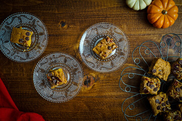 Pumpkin blondies with chocolate chips and pecans